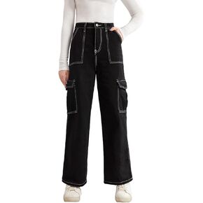 WDIRARA Girl's High Waist Flap Pocket Cargo Jeans Casual Button Denim Pants