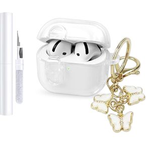 Compatible with AirPods 4 Case 2024,Clear Soft TPU Case with Safety Lock for AirPods 4th Generation Case with Butterfly Keychain and Cleaning Kit and Lanyard for Girls Women (Clear Pink)