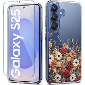 for Samsung Galaxy S25 Ultra Case Clear,Galaxy S25 Ultra Case Floral with Screen Protector [Camera Protection] Slim Shockproof Cover for Samsung S 25 Ultra Phone Cases for Women, Flower Design