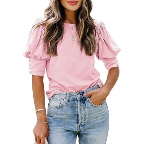 SimpleFun Women's Puff Sleeve Tops Summer Crewneck Loose Casual Blouse Shirts