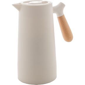 WOLFF - Thermal Coffee Carafe - Hot or Cold Drinks, Double Walled Insulated Vacuum Flask - Leakproof Coffee Dispenser with Wooden Handle, Thermos Bottle for Cold Beverages - White, 34floz/1L