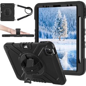 Fingic for iPad 10th Generation Case 10.9 Inch 2022[with 360°Rotating Stand Handle][Pencil Holder Hand Strap Shoulder Strap] Shockproof Military Grade Protection Case for iPad 10th Gen for Kids,Black