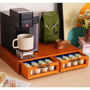 Wooden K Cup Holder with 2 Smooth Drawers- 15.6"D x 11.7"W x 3.1"H Coffee Pod Organizer, No Assemble Tea Organizer Counter, Coffee Maker Stand, 30-50 Pod Capacity，Multifunctional Storage Box，Tan