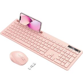 Wireless Keyboard and Mouse for MacBook, Vivefox Pink Wireless Keyboard with Phone Holder USB A & Type C Receiver Rose Gold Keyboard and Mouse for Windows, Mac, MacBook/Air/Pro Computer, Rose Red