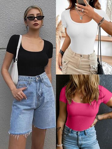 ATHMILE Women's Scoop Neck Long Sleeve Ribbed Slim Fitted Casual Basic Crop Top B-White in Saudi Arabia