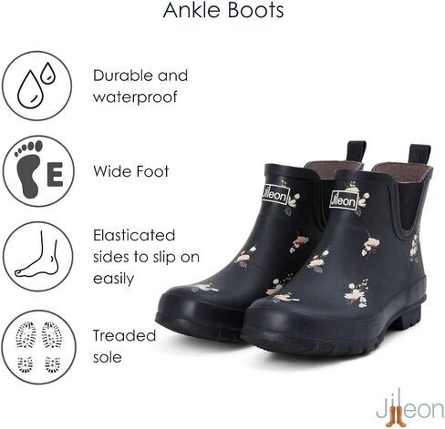 Jileon Womens Ankle Height Waterproof Rubber Rain Boots - Designed For Wide Feet & Wide Calves - Easy to Slip on and Off in Saudi Arabia