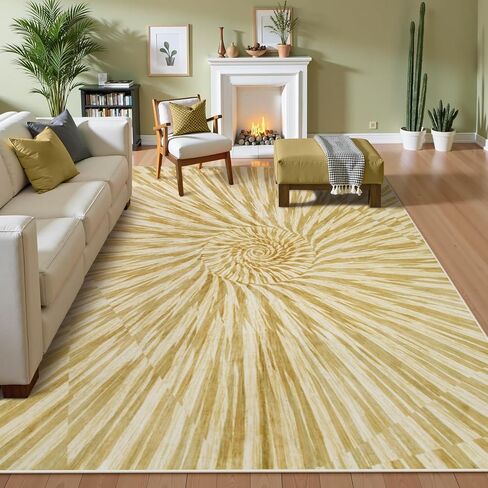 سجادة Wonnitar مجردة دوامة 9x12، سجاد منطقة قابل للغسل في الغسالة، سجادة غرفة معيشة كبيرة، سجادة منطقة هندسية حديثة غير قابلة للتساقط، سجاد جمالي لغرفة النوم وغرفة الطعام (أصفر/ذهبي، 9 × 12) in Kuwait