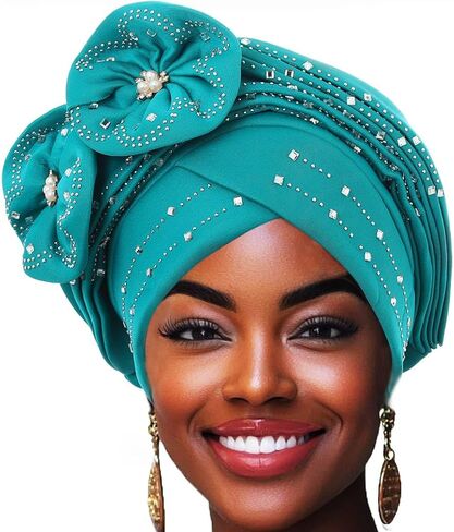 Woeoe Beanie Cap Head Wrap Black Rhinestones Head Scarf Flower Pearls Twisted Head Turban for Women Girls in Kuwait