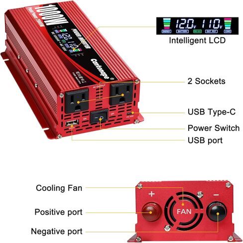 1000W/2000W (ذروة) عاكس قوة السيارة DC 12V/24V إلى 110 فولت AC مع عرض LCD منافذ AC Dual in Kuwait