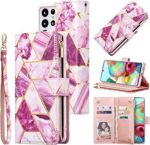 UEEBAI Wallet Case for Samsung Galaxy S25 Ultra 5G, PU Leather Case Magnetic Closure Handbag Zipper Pocket Case Kickstand Card Slots with Hand Strap Rose Flip Case for Women - Bling Rose Gold in Kuwait