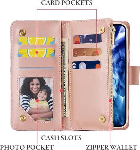 UEEBAI Wallet Case for Samsung Galaxy S25 Ultra 5G, PU Leather Case Magnetic Closure Handbag Zipper Pocket Case Kickstand Card Slots with Hand Strap Rose Flip Case for Women - Bling Rose Gold in Kuwait