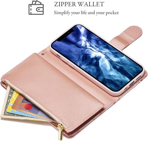 UEEBAI Wallet Case for Samsung Galaxy S25 Ultra 5G, PU Leather Case Magnetic Closure Handbag Zipper Pocket Case Kickstand Card Slots with Hand Strap Rose Flip Case for Women - Bling Rose Gold in Kuwait