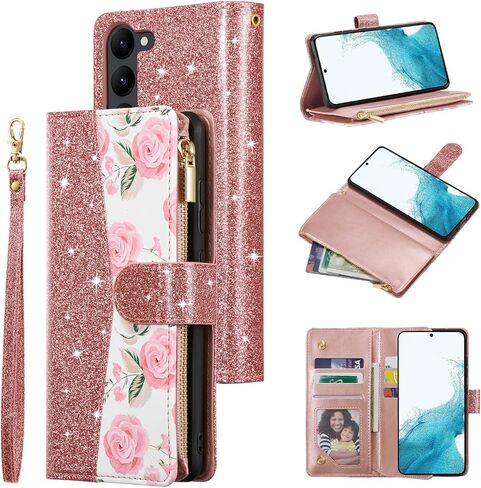 UEEBAI Wallet Case for Samsung Galaxy S25 Ultra 5G, PU Leather Case Magnetic Closure Handbag Zipper Pocket Case Kickstand Card Slots with Hand Strap Rose Flip Case for Women - Bling Rose Gold in Kuwait
