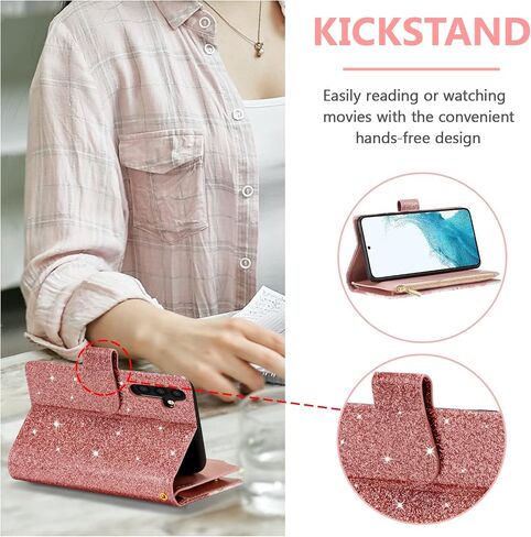 UEEBAI Wallet Case for Samsung Galaxy S25 Ultra 5G, PU Leather Case Magnetic Closure Handbag Zipper Pocket Case Kickstand Card Slots with Hand Strap Rose Flip Case for Women - Bling Rose Gold in Kuwait