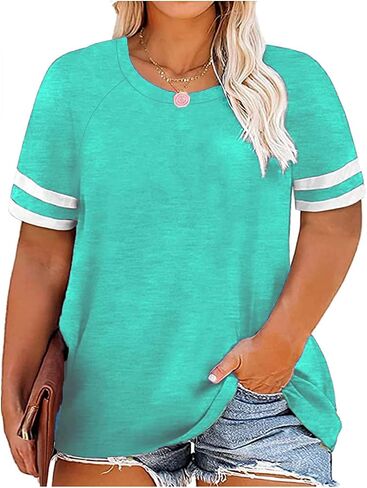 RITERA Women Plus Size Tops Summer Short Sleeve Crewround Neck Rgalan Colorblock Tunic Oversized Tshirt Oversized Casual Blouse Fashion Cute Shirts Loose Fit Henley Shirt Blue 3X 3XL 22W 24W in Saudi Arabia