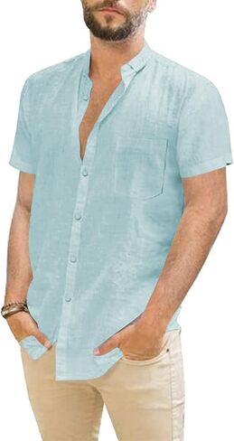 Mens Casual Linen Button Down Short Sleeve Shirts Beach Summer Spread Collar Pocket Tops in Saudi Arabia