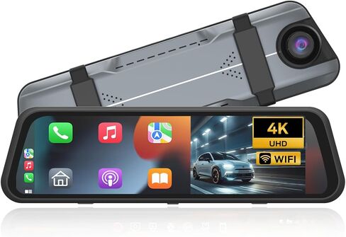 Mirror Dash Cam, 9.66 Inches Full Touch Display, 4K Front and 1080P Rear Recording, FM Emission, Night Vision, Parking Assistance, Compatible with Apple Carplay and Android Auto in Kuwait