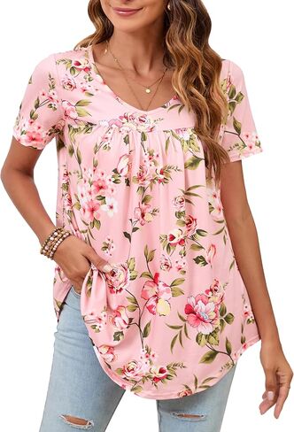ENMAIN Womens Tunic Tops Short Sleeve Dressy Plus Size Blouse Swing Summer Casual V Neck Loose Top to Wear with Leggings in Kuwait