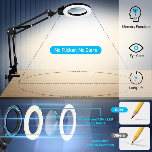 عدسة مكبرة KIRKAS 10X مع ضوء، KIRKAS أي أوضاع ألوان ومصباح مكبر LED خافت بدون خطوات مع مشبك، عدسة زجاجية مكبرة مضاءة بدون استخدام اليدين للحرف اليدوية وهواية قراءة اللوحة والعمل الوثيق in Kuwait