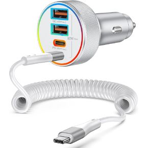 for iPhone 16 15 Car Charger Fast Charging, 90W 4-Port USB C Car Charger Cigarette Lighter Adapter with 6FT Coiled USB C Cable for iPhone 16/16 Plus/16 Pro/16 Pro Max/15/15 Pro Max/iPad, Pixel