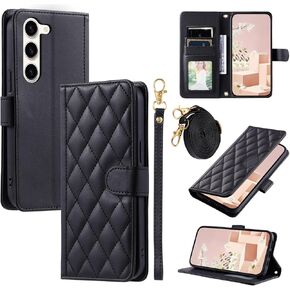 Argyle Wallet Case for Samsung Galaxy S24/S25 5G with Wrist Strap Shoulder Strap, Card Slots Folio Purse, Luxury PU Leather Stand Accessories Phone Cover for S 24 24S 25 25S G5 Women Men Red