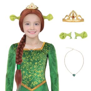 Yan Dream Princess Long Auburn Braided Wig with Crown Necklace and Green Ears Women Cosplay Party Wig
