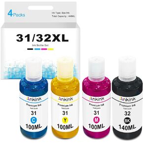 31 32XL Compatible Ink Refill Bottle Set Replacement for HP Smart Tank 5000 5101 6001 7301 7602,Plus 651 551 555 450 455 457 Printer,4 Pack(140ML 32 XL Black,100ML 31 Cyan Magenta Yellow)