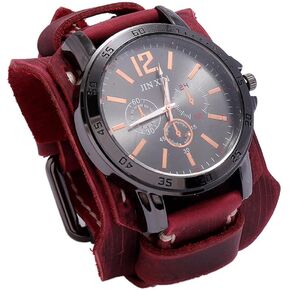 MINILUJIA Handmade Sewn with Wax Rope Men Watches Vintage Punk Hiphop Gothic Wide Leather Fashion Cuff Round Quartz Wristwatch Big Dial Black Brown in Kuwait