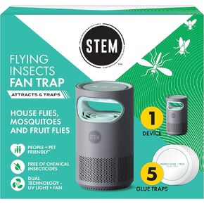 STEM Flying Insect Fan Trap for Indoor Bug Control, Attracts Mosquitoes, Fruit Flies, and House Flies, Plug-in Fan with UV Light, Starter Kit Includes 1 Device and 5 Glue Traps