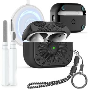 Flower Engraved Case for AirPods Pro 2nd/1st Generation, Soft Silicone Cover & Magnetic Lid Compatible with MagSafe, Front LED Visible, Clean Kit Lanyard Carabiner, Creamy White