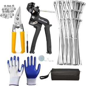 Heavy Duty Metal Zip Tie Tool Kit with 200pcs Self-locking Stainless Steel Zip Ties, Metal Tie Wrap Gun Kit for Chain Link Fence ties,Stainless Steel Cable Tie Gun for Fastening Cutting