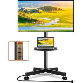 TVON Mobile TV Stand with Power Outlet, Tilt Rolling TV Stand for 23-60 Inch LCD LED OLED Flat Curved Screen TVs up to 88 lbs, Height Adjustment Portable TV Stand on Wheels, Max VESA 400x400mm