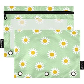 SUABO Daisy Flowers Green Pencil Pouch for 3 Ring Binder, Pencil Bag Pencil Case Cosmetic Bag with Zipper Clear Window for Office Travel Cosmetic, 2 Pack