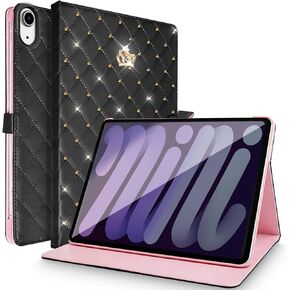Case for iPad Mini 7 (A17 Pro) 2024 / iPad Mini 6 2021, Shockproof Durable Protection Auto Wake/Sleep Elegant PU Leather Crown Cute Diamond Kickstand Smart Cover for iPad Mini 7 (White)