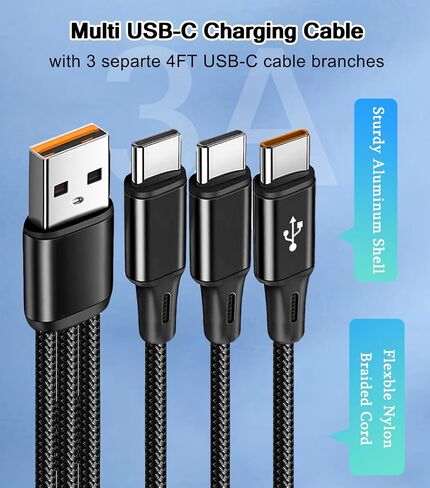 كابل USB C متعدد الشحن ، 60W USB C إلى كابل USB C مع 3 فروع منفصلة 4ft USB C كبلات نايلون مضفر ، 3 في 1 USB C كابل شحن سريع لأجهزة Apple و Android in Kuwait