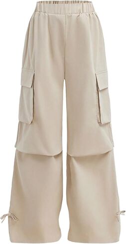 Verdusa Girl's Baggy Cargo Pants Wide Leg Elastic Waist Bow Tie Athletic Pants with Pocket in Saudi Arabia