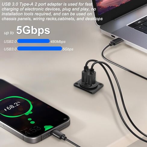 XMSJSIY USB 3.0 Panel Threaded Fixed Mount Adapter Dual USB Type-A Panel Mount Socket Female to Female with Anti-loosening Gasket 2-Port USB A Through Connector for Data Transfer/Charging (Round) in Kuwait