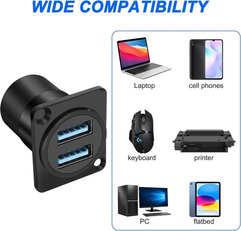 XMSJSIY USB 3.0 Panel Threaded Fixed Mount Adapter Dual USB Type-A Panel Mount Socket Female to Female with Anti-loosening Gasket 2-Port USB A Through Connector for Data Transfer/Charging (Round) in Kuwait