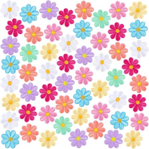 Tigeen 60 Pcs Flower Iron on Patches, Cute Daisy Flower Applique Patch, Sew on Embroidered Applique Sewing Patches for Bags, Jackets, Jeans, Clothes DIY Patches, 2.17 x 2.17 Inch (w*h), 10 Colors in Saudi Arabia