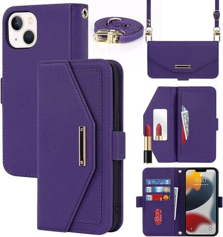 Jaorty Crossbody Wallet for iPhone 14/13 Case with Adjustable Lanyard Strap Credit Card Holder 6.1",PU Leather Handbag Purse Kickstand Make Up Mirror Cover Case for Women Girl,Pink in Kuwait