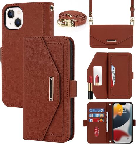 Jaorty Crossbody Wallet for iPhone 14/13 Case with Adjustable Lanyard Strap Credit Card Holder 6.1",PU Leather Handbag Purse Kickstand Make Up Mirror Cover Case for Women Girl,Pink in Kuwait