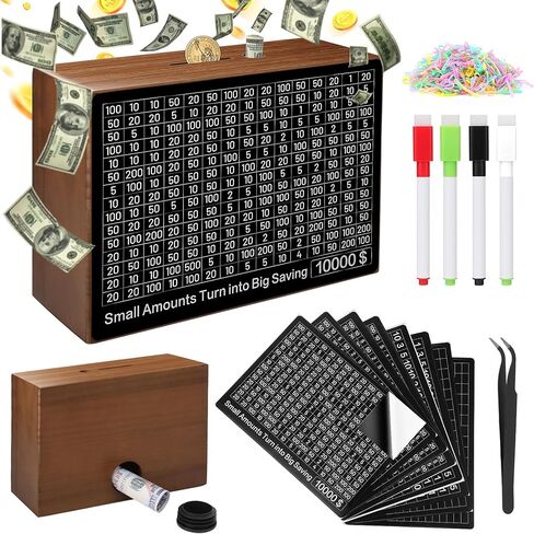 Larger 10000 Savings Challenge Box with 8 Targets$ 500-$10k Cash Vault Wooden Money Saving Box Caja De Ahorros Piggy Bank Reusable Coin Bank with Dry Erase Pen/Savings Trackers/Rubber Band-Burlywood in Kuwait