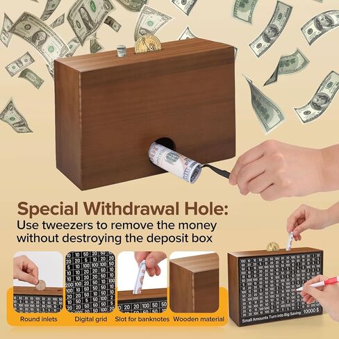 Larger 10000 Savings Challenge Box with 8 Targets$ 500-$10k Cash Vault Wooden Money Saving Box Caja De Ahorros Piggy Bank Reusable Coin Bank with Dry Erase Pen/Savings Trackers/Rubber Band-Burlywood in Kuwait