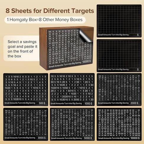 Larger 10000 Savings Challenge Box with 8 Targets$ 500-$10k Cash Vault Wooden Money Saving Box Caja De Ahorros Piggy Bank Reusable Coin Bank with Dry Erase Pen/Savings Trackers/Rubber Band-Burlywood in Kuwait