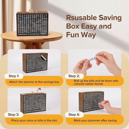 Larger 10000 Savings Challenge Box with 8 Targets$ 500-$10k Cash Vault Wooden Money Saving Box Caja De Ahorros Piggy Bank Reusable Coin Bank with Dry Erase Pen/Savings Trackers/Rubber Band-Burlywood in Kuwait