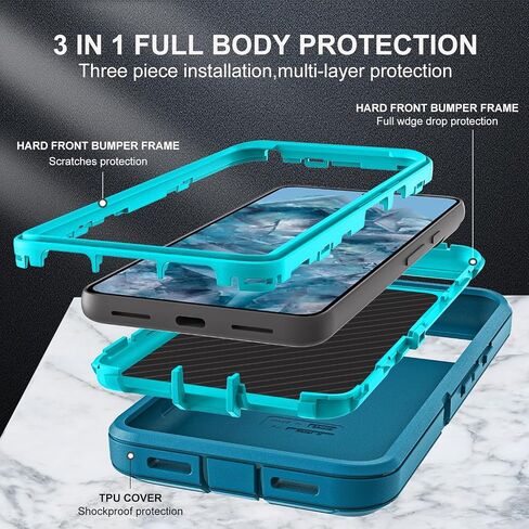 for Google Pixel 8 Pro Case, Military Grade 3 in 1 Heavy Duty Shockproof/Drop Proof/Dust Proof Case with 2Pcs Tempered Glass Screen Protector (Black/Black) in Kuwait