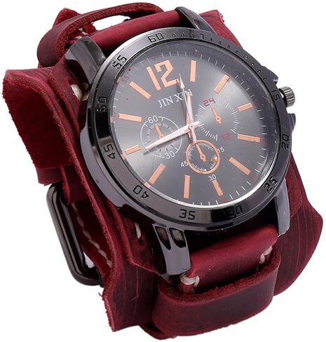 MINILUJIA Handmade Sewn with Wax Rope Men Watches Vintage Punk Hiphop Gothic Wide Leather Fashion Cuff Round Quartz Wristwatch Big Dial Black Brown in Kuwait