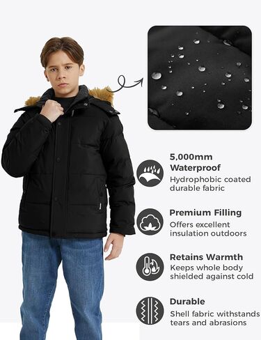 Wantdo Boys' Warm Winter Coat Fleece Puffer Jacket Water Resistant Outerwear Jackets with Hood in Kuwait