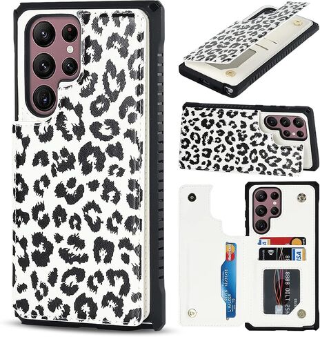 iCoverCase Phone Case for Samsung Galaxy S22 Ultra Case with Card Holder, S22 Ultra Case Wallet for Women Girls, Card Slots Case with Kickstand [RFID Blocking] PU Leather Case (Gray Leopard) in Kuwait