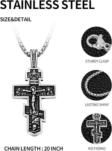 قلادة صليب أرثوذكسية للرجال والنساء - قلادة صليب بيزنطي عتيق، مجوهرات مسيحية دينية من الفولاذ المقاوم للصدأ in Kuwait